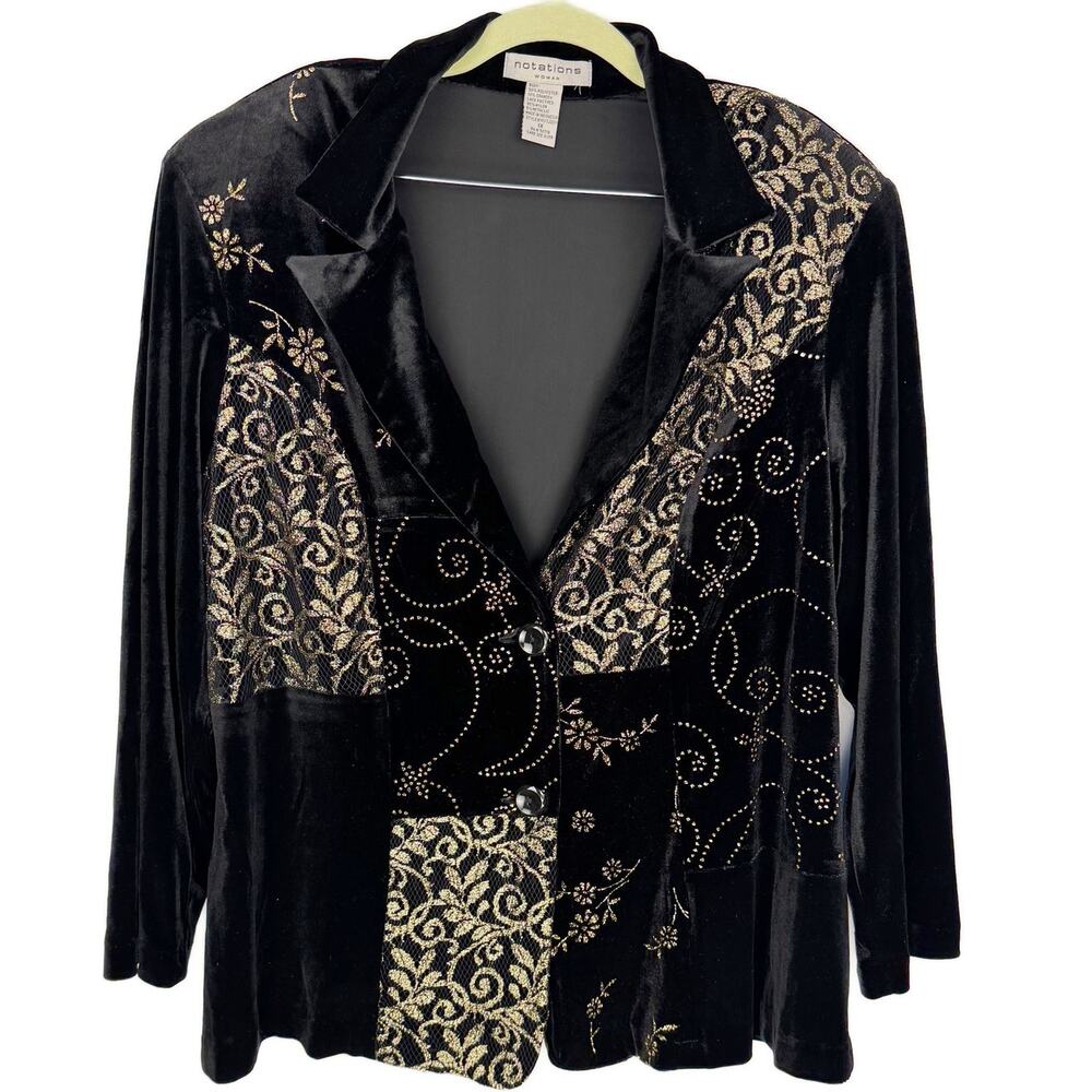 Notations Black Gold Glitter Floral Patch Velvet Single Breasted Blazer Top 1X